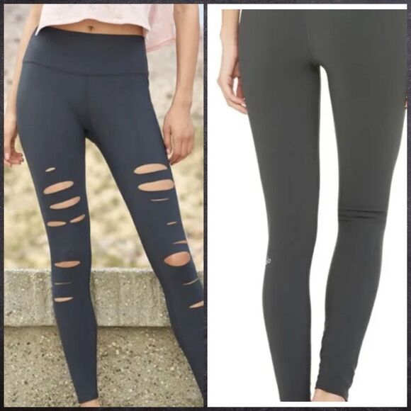 Alo Yoga High Waist Ripped Warrior Leggings Gray Fitness Women Size XS NWT - Picture 7 of 7